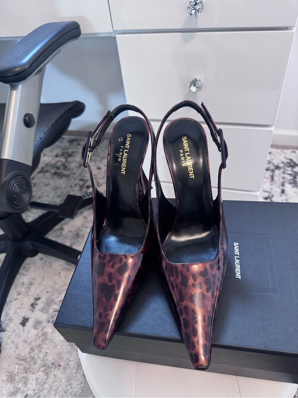 Saint Laurent Burgundy Leopard Slingback Pointed Pumps.  Worn once